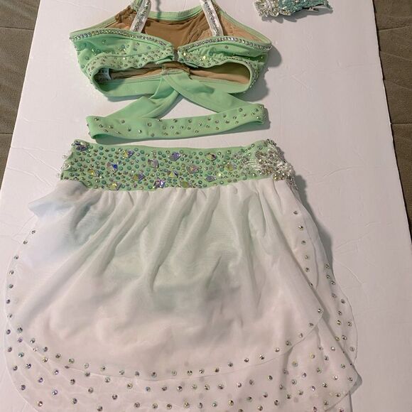 Solo custom dance costume leotard 2 piece mint green rhinestoned LC child - Picture 4 of 13